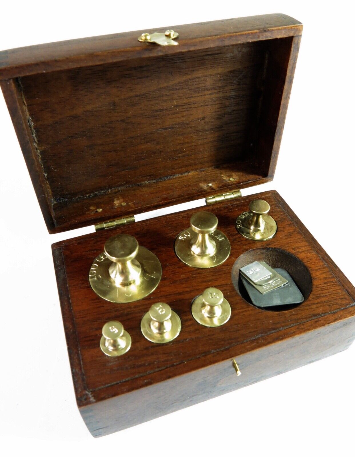 Antique Early 1900s Complete Metric Weight set in Refinished Mahogany Box.