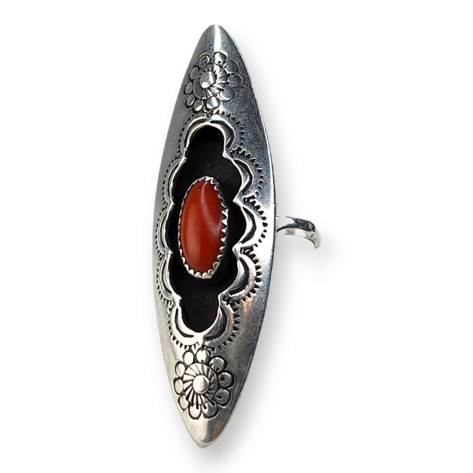 Vintage Native American Navajo Sterling Silver Coral Long Shadowbox Ring Size 8