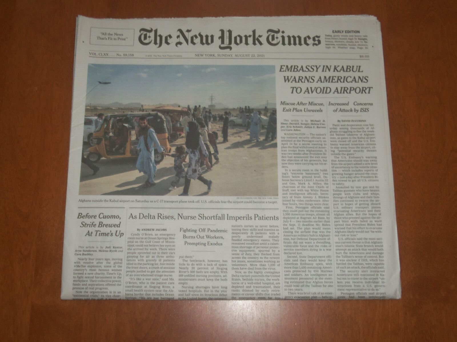 2021 AUGUST 22 NEW YORK TIMES -EMBASSY IN KABUL WARNS AMERICANS TO AVOID AIRPORT