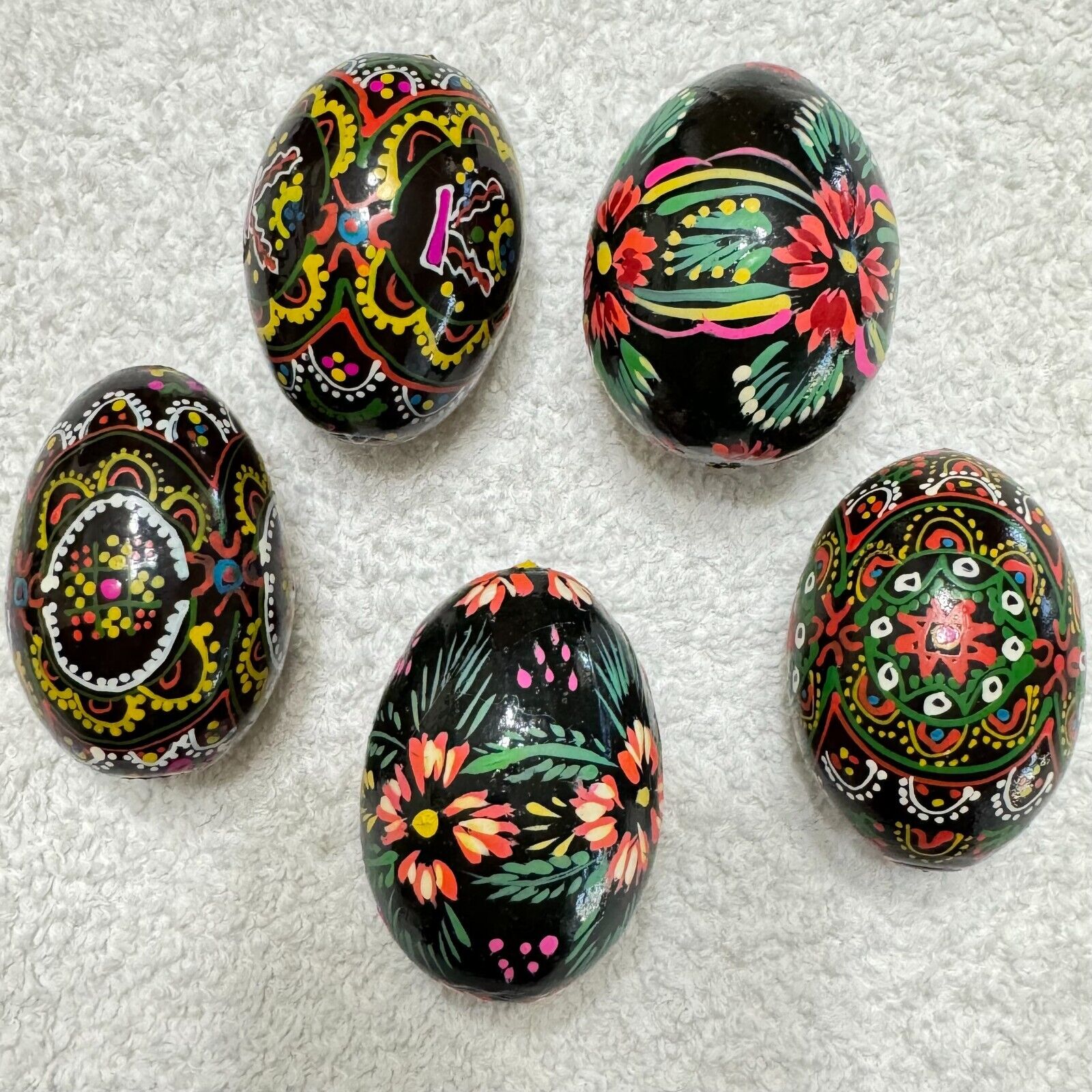 Vintage Lot of 5 Slavic Russian Ukrainian Handpainted Wooden Easter Eggs Black