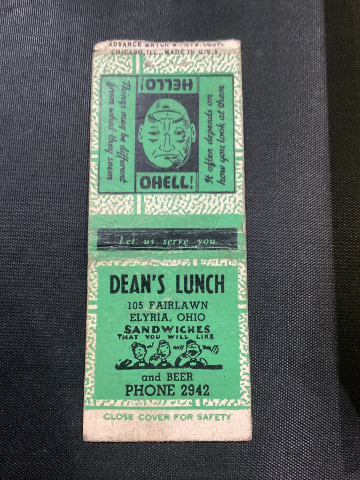 Dean’s Lunch Fairlawn Elyria Ohio Sandwiches Restaurant Ad trimmed Matchbook Cvr