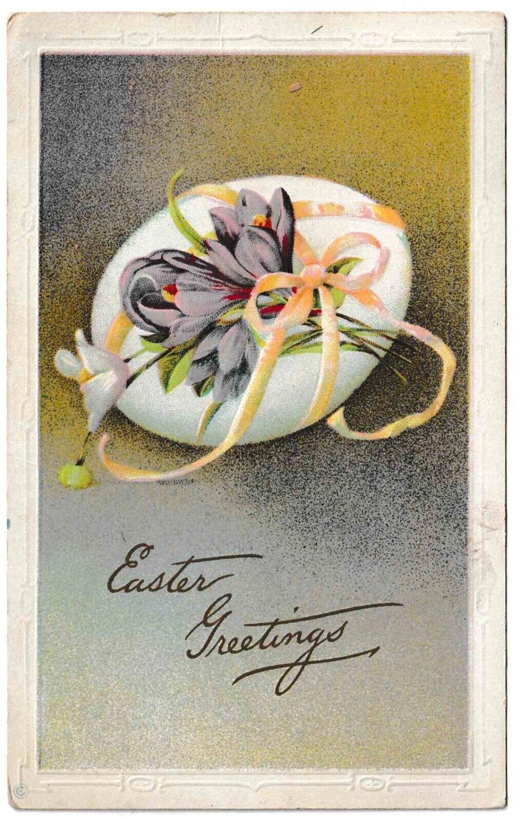 Easter Greetings~Egg W/ Ribbon & Purple Flowers~PM 1917~Embossed~Vintage PC
