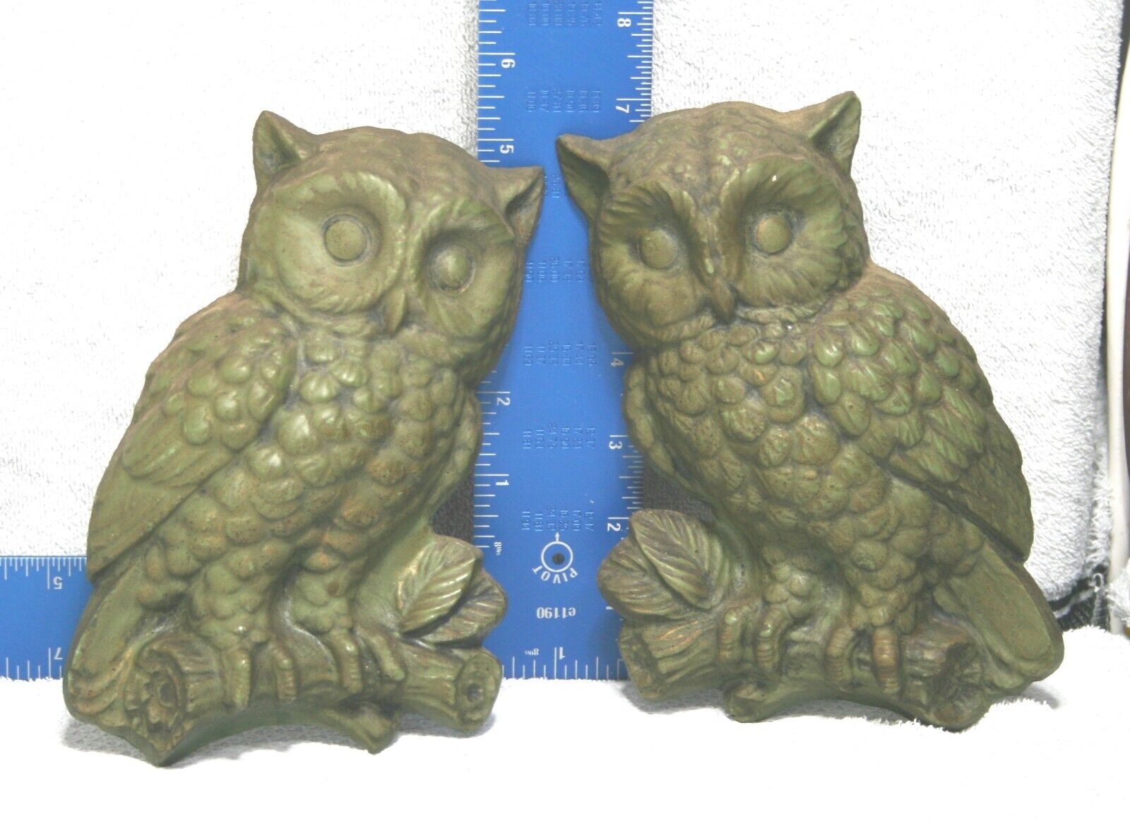2 Vintage Green and Gold Owl Art Decor Wall Hanger