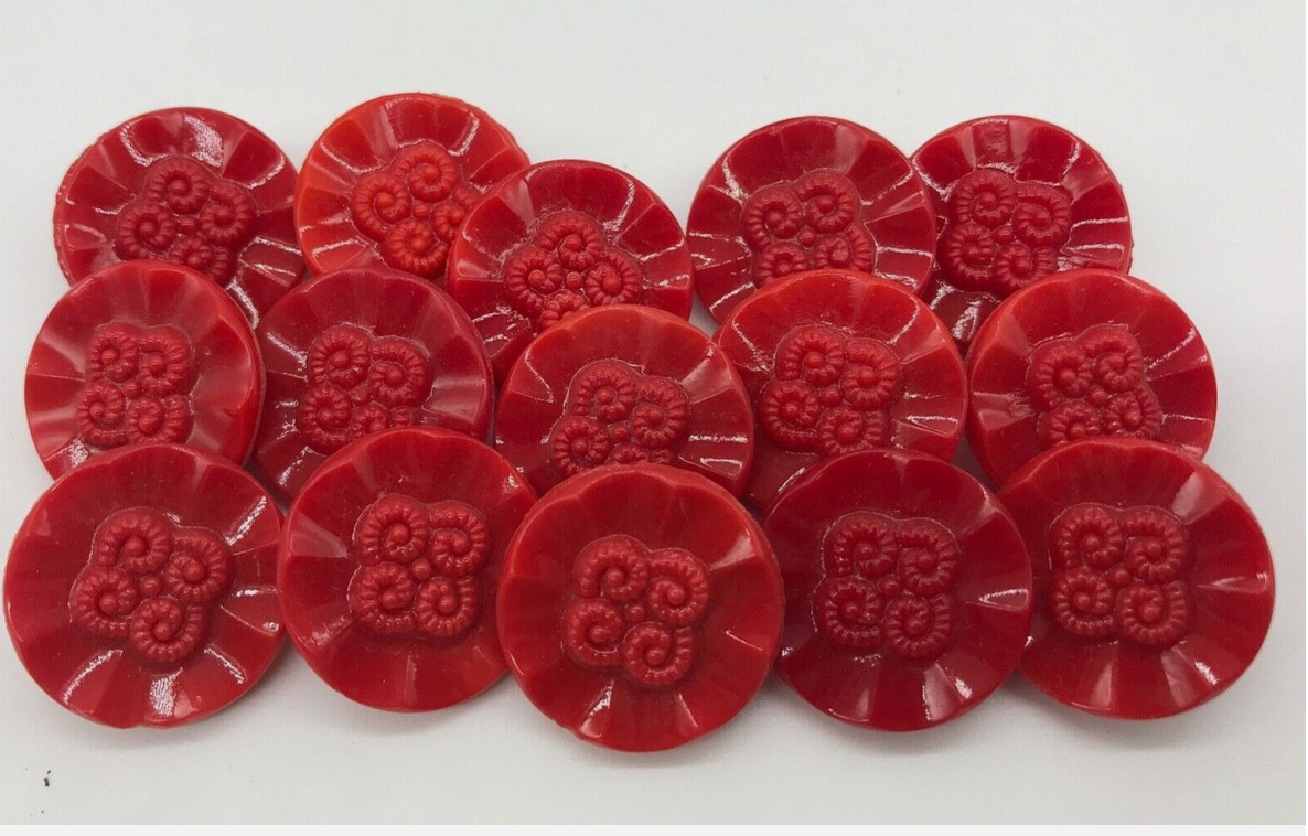 Vintage Czech orange red Glass Buttons LOT~FLOWER pattern~18mm~self Shank~M36