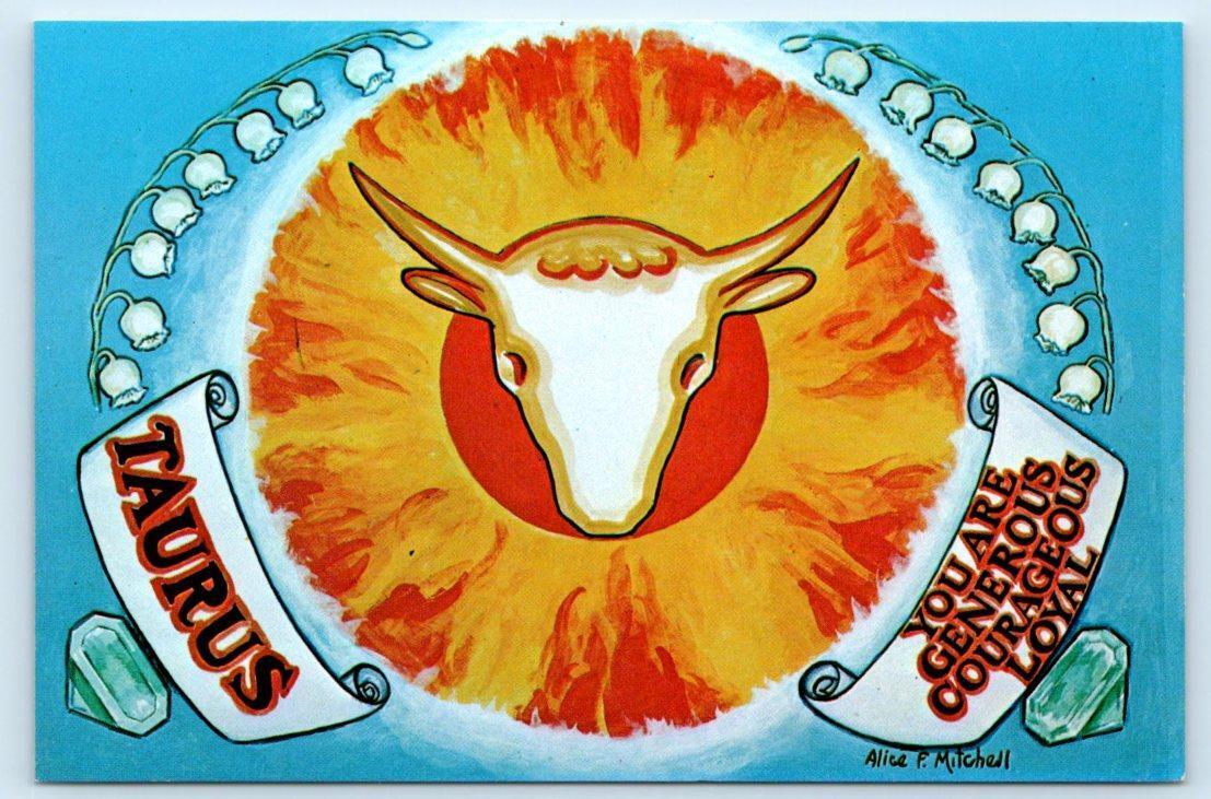 TAURUS Zodiac Sign Art ~ ALICE F. MITCHELL Art c1960s-70s Astrology Postcard