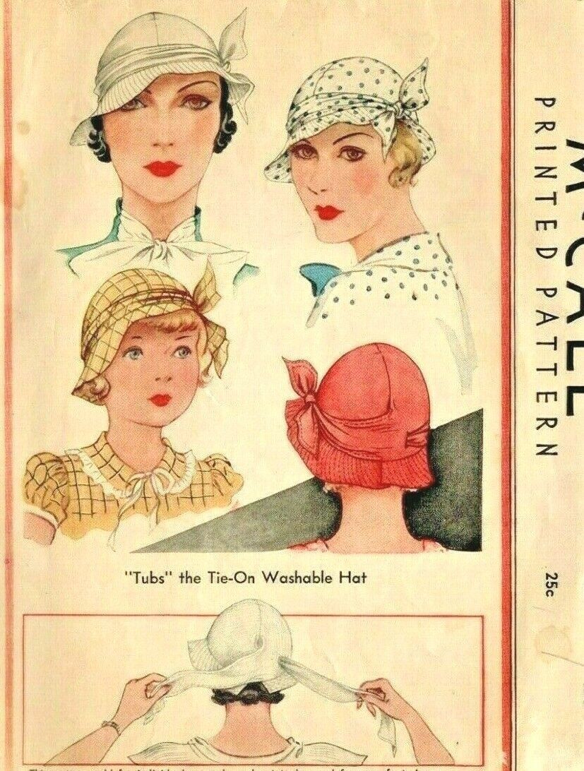  Vintage McCall Ladies 1930\'s Tie On Fabric Hat Reproduction Sewing Pattern #112