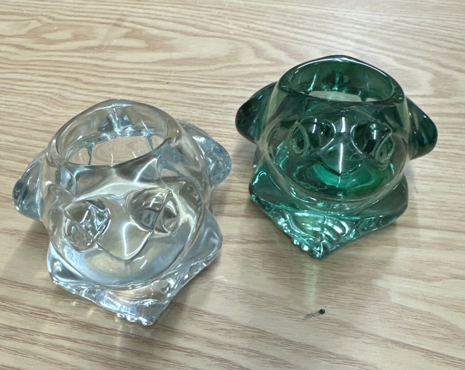 (Two) VTG INDIANA GLASS, (1)Green  (1)Clear, Frog Votive Candle Holder  T16B