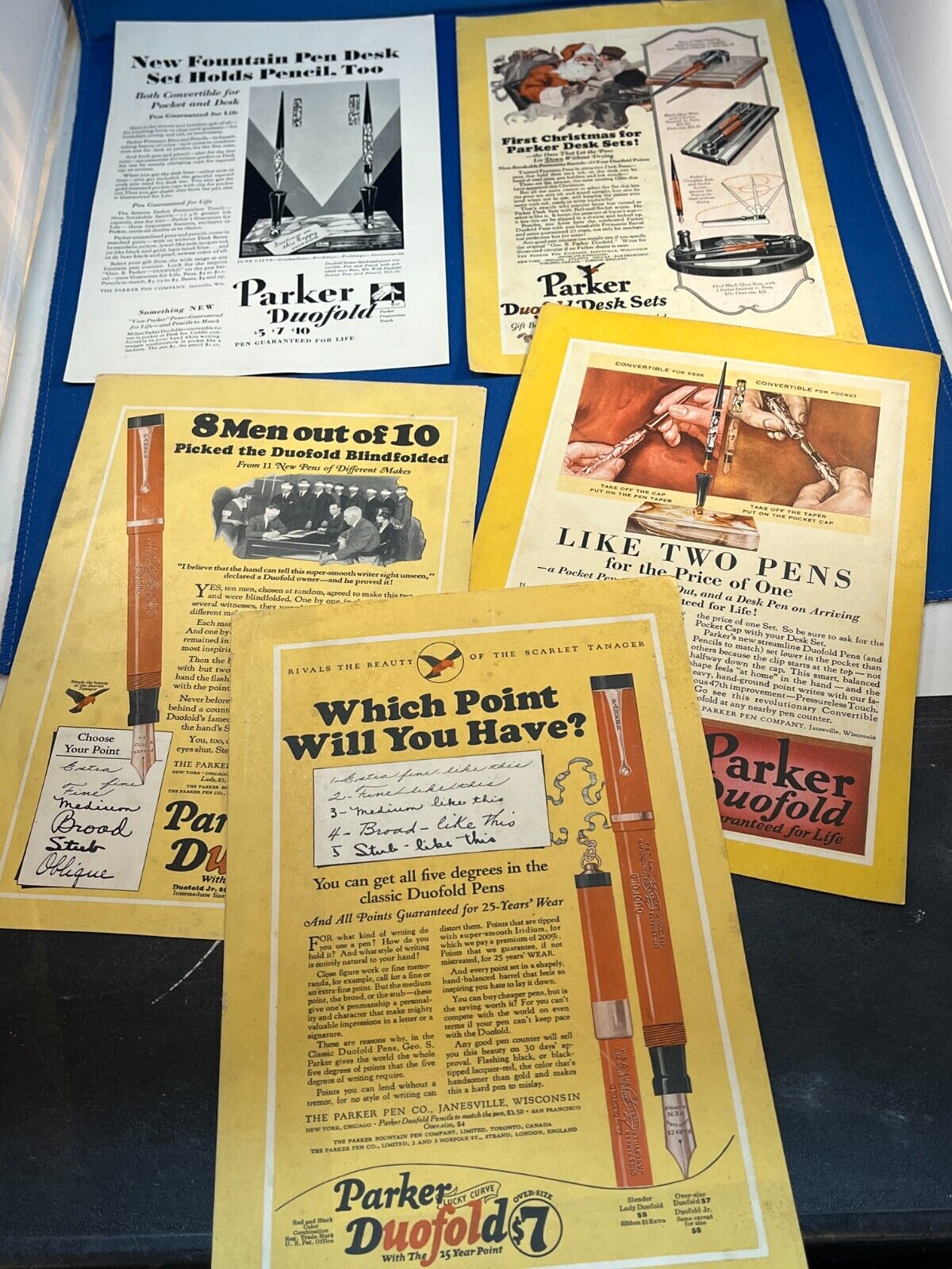 Five antique Parker Duofold fountain pen advertisement pages