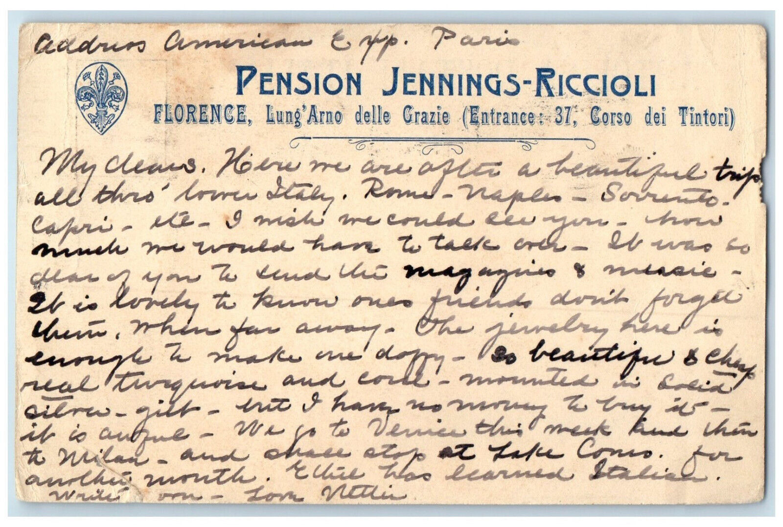 1911 Pension Jennings-Riccioli Lungarno Delle Grazie Florence Italy Postcard