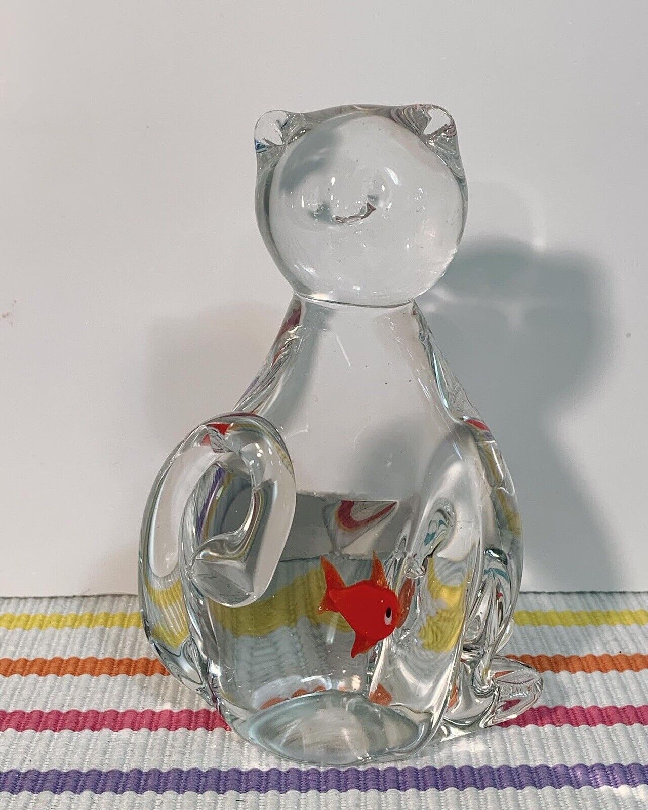 Vintage Art Glass Cat Figurine Paperweight with Red Fish in Belly 5.5” Tall