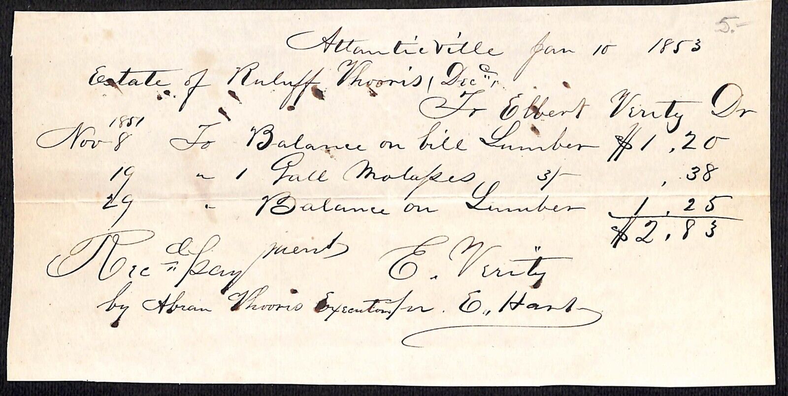 1853 Atlanticville, NY (East Quogue) Hand Written lumber Receipt - Very Scarce