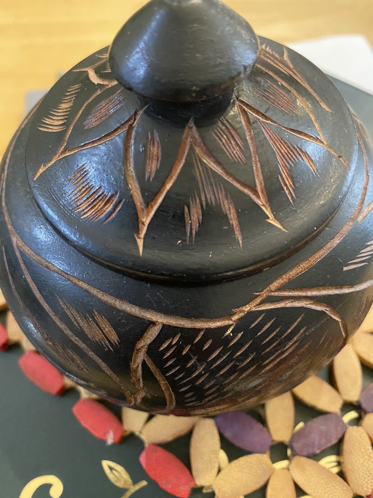 Hand Carved Wooden Lidded Dish Bowl Flower Design African Art