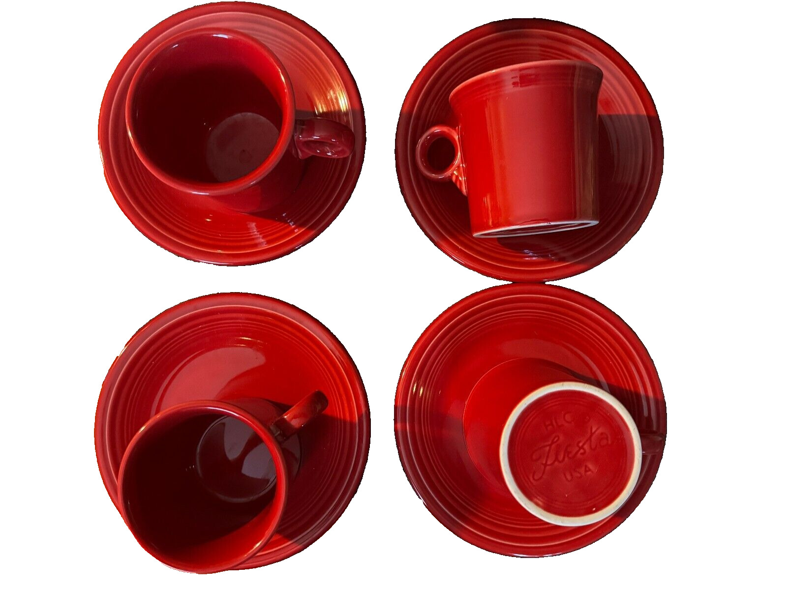 LOT 4 FIESTA RED FIESTAWARE HOMER LAUGHLIN COFFEE CUPS MUGS w saucers  O-RING