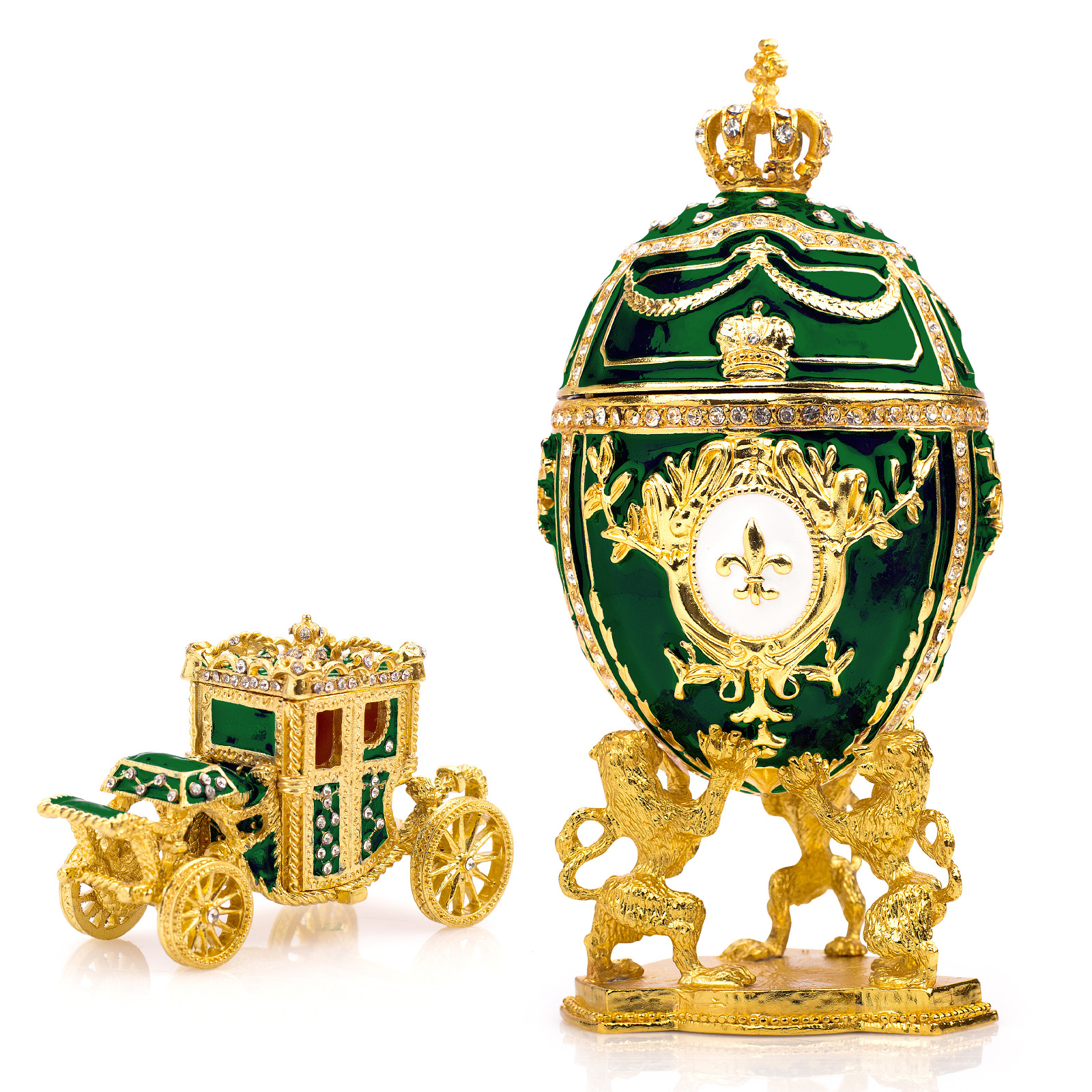 Royal Imperial Green Faberge Egg Replica: Large 6.6 inch + Carriage by Vtry