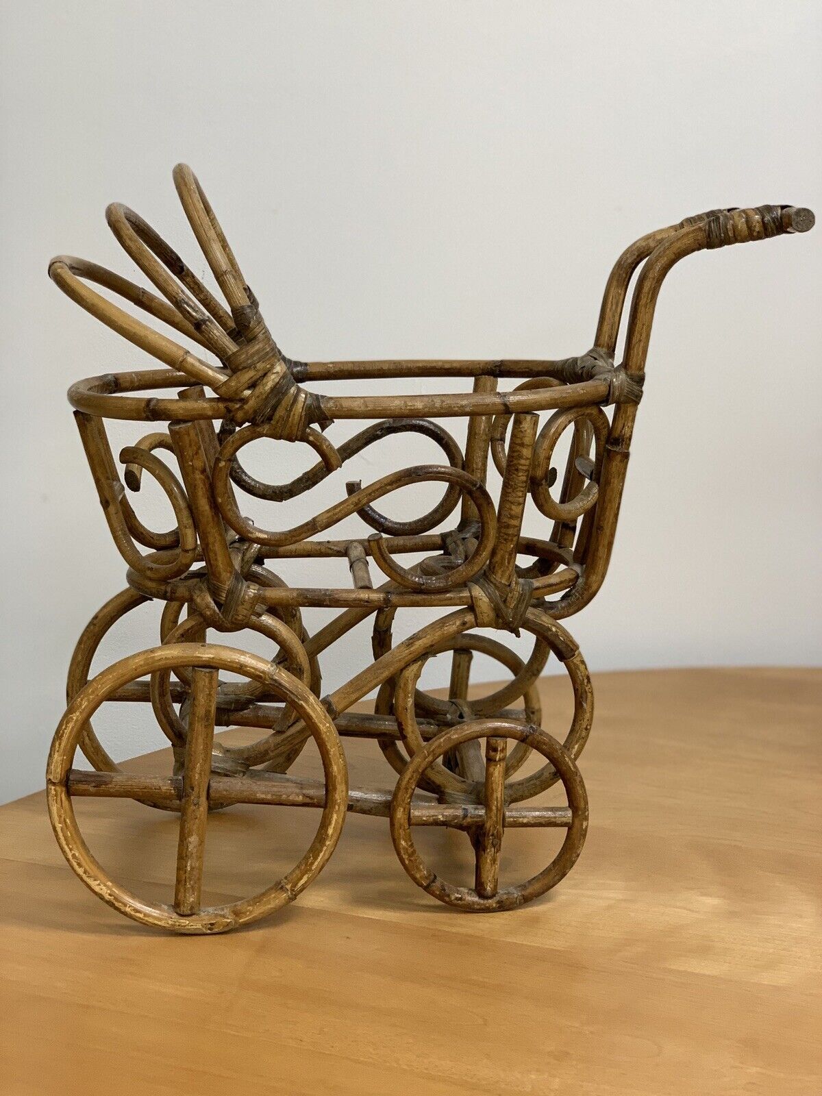 Vintage Folk Art Mini Doll Baby Carriage Buggy Stroller Bamboo Hand Made Basket