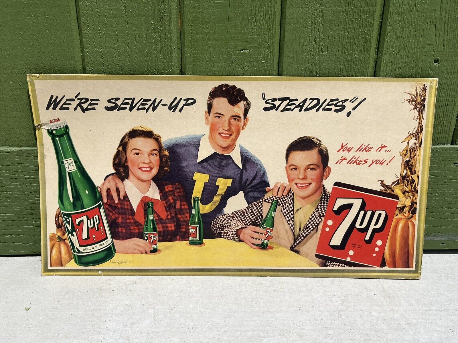 Vtg 1948 7-Up College Students Lithograph Advertising Cardboard Sign Display