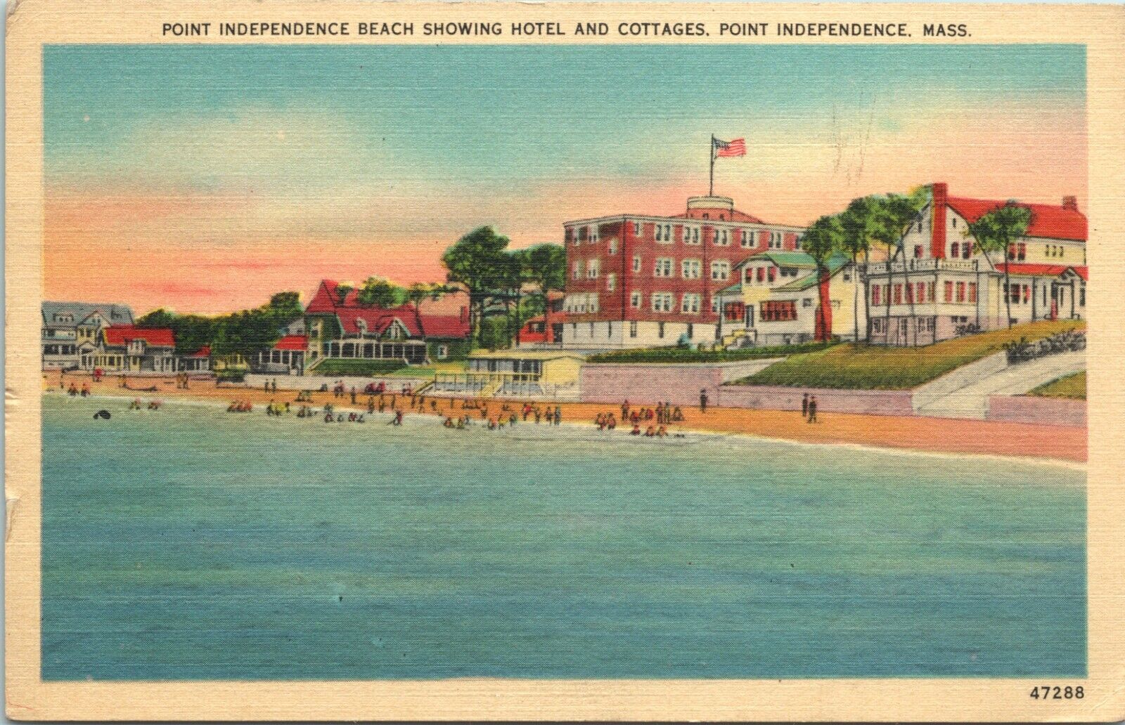 Postcard Point Independence MA - Beach Showing Hotel & Cottages -Posted 1945