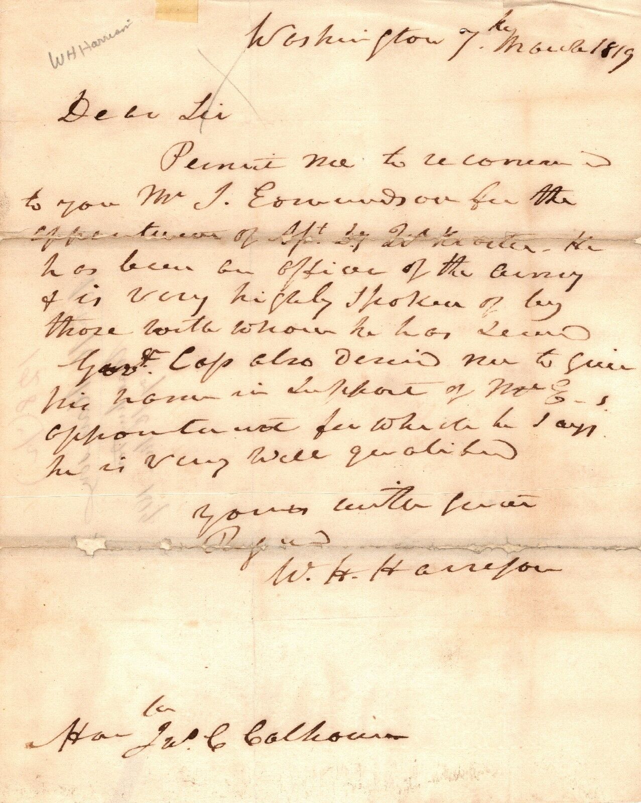 William Henry Harrison - Important Autograph Letter Signed - To John C. Calhoun