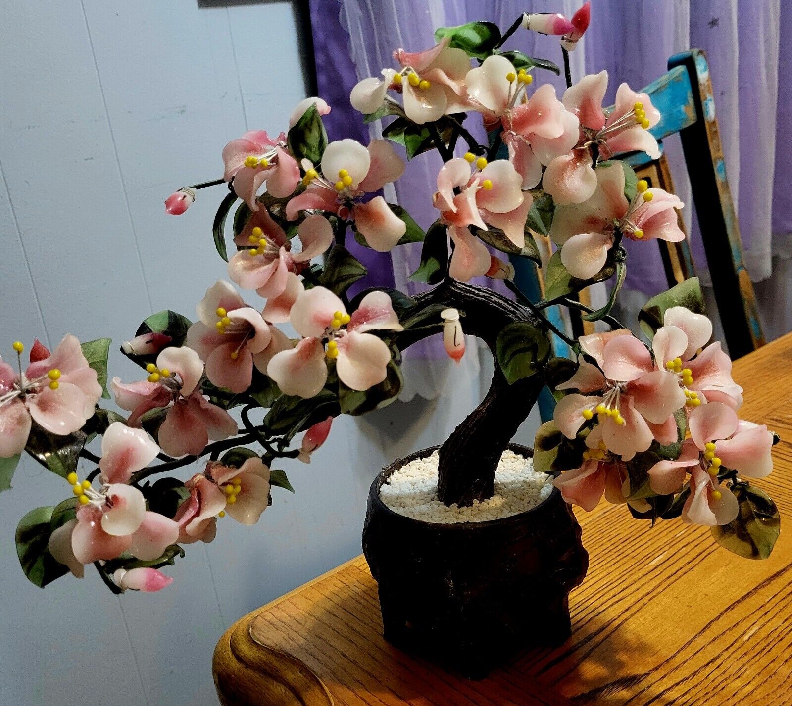 Vtg Chinese Glass Jade Cherry Blossom Bonsai Tree Pink Flowers 10” X 12” X 5”