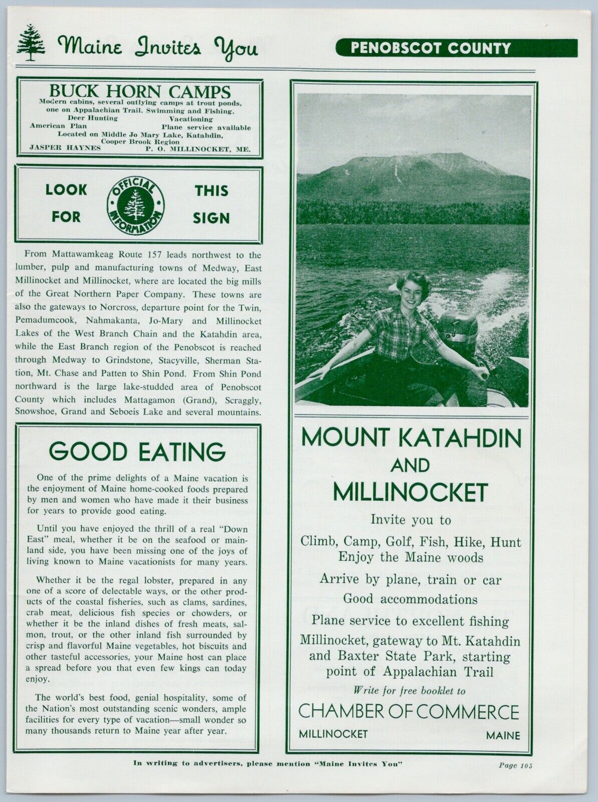 1956 Mount Katahdin & Millinocket Maine Vintage Travel Ad Baxter State Park
