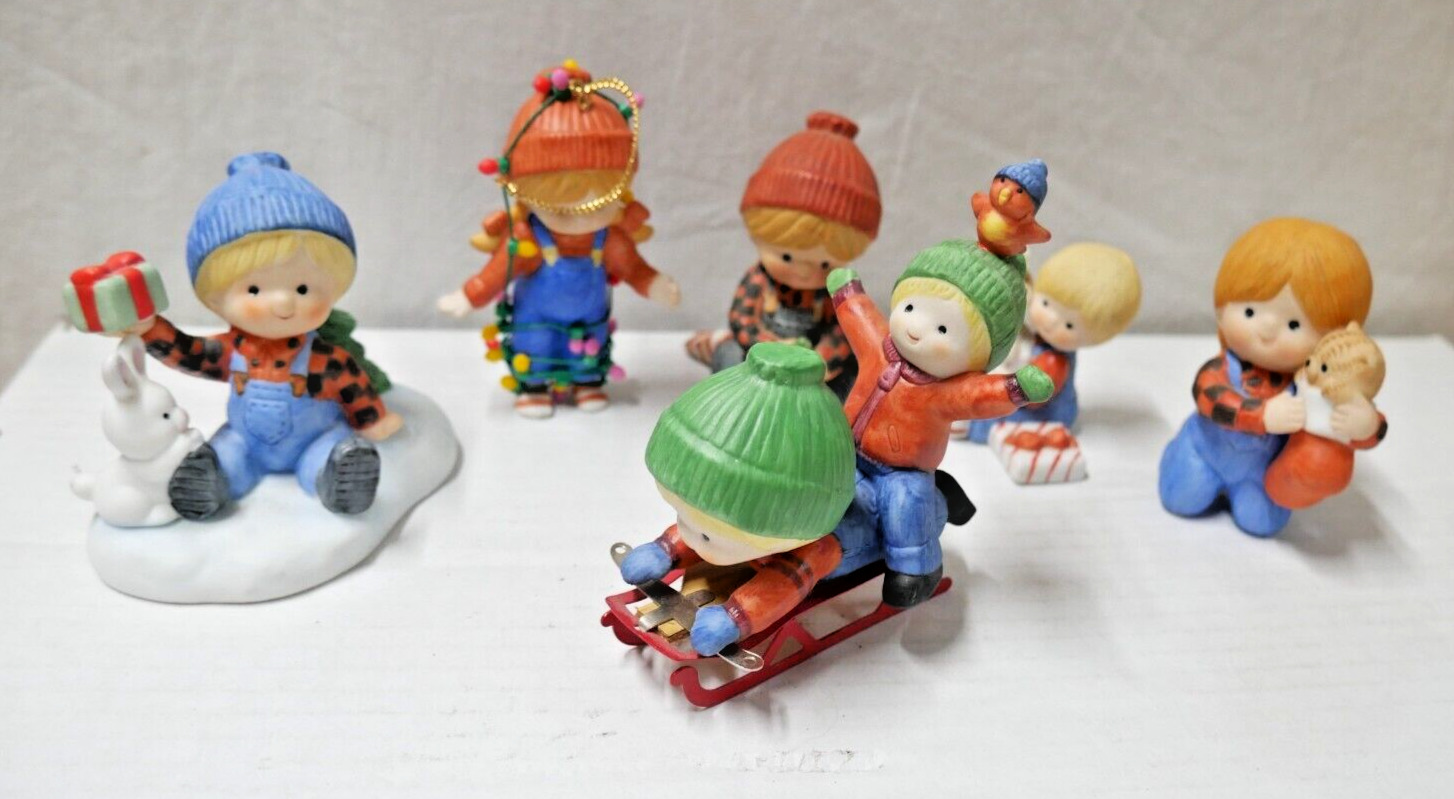 6 Vintage Lot figurines Enesco 1980\'s Kids Playing in Snow Christmas