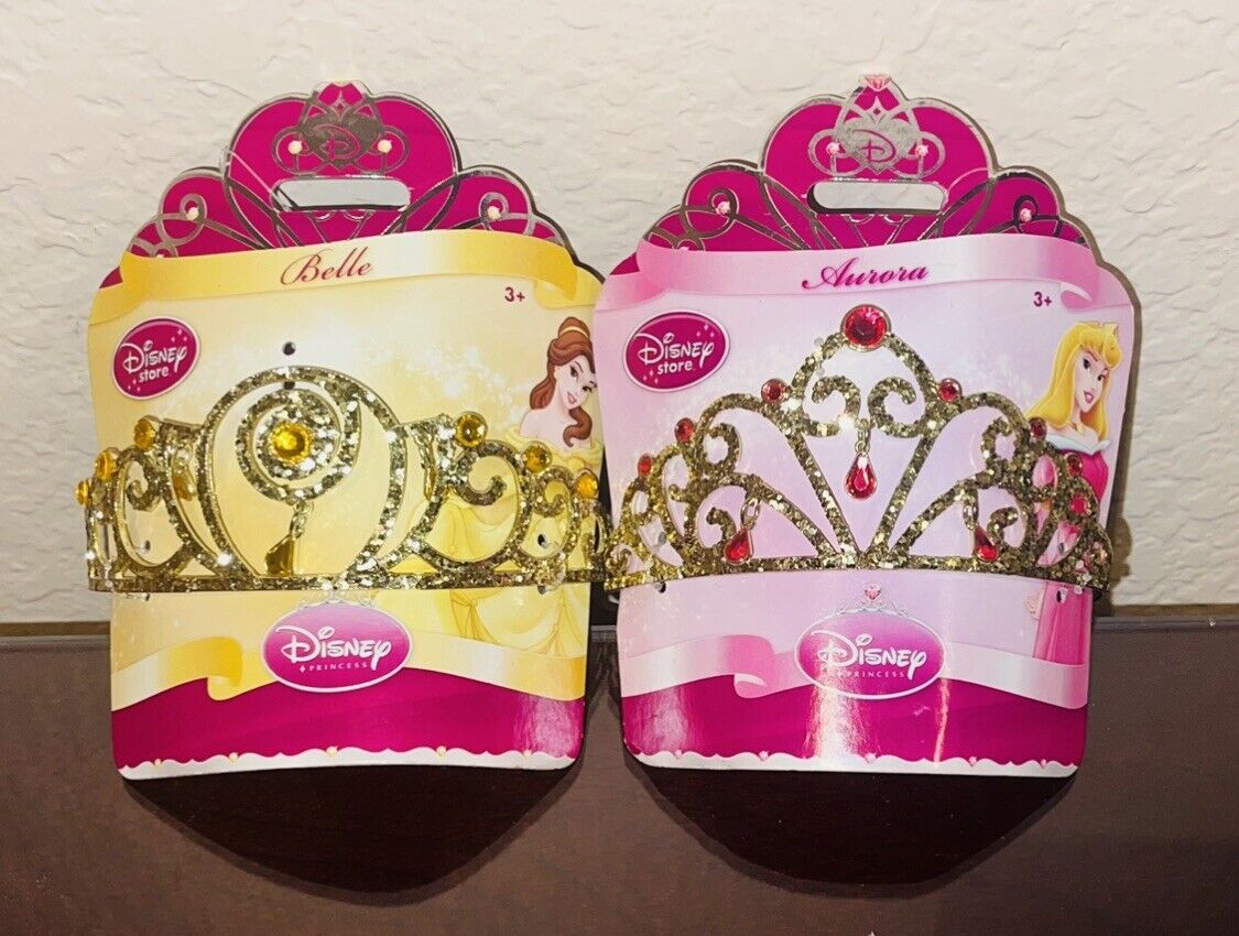 Lot Of 2 Disney Store Princess Belle & Aurora Dress Up Metal Tiara Crown Lot NIP