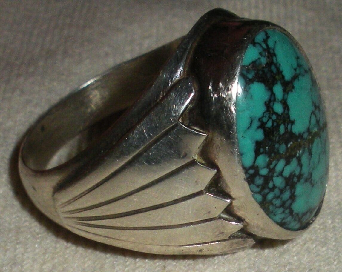VINTAGE NAVAJO TURQUOISE STERLING SILVER RING GREAT STAMPWORK SIZE 10.5 vafo