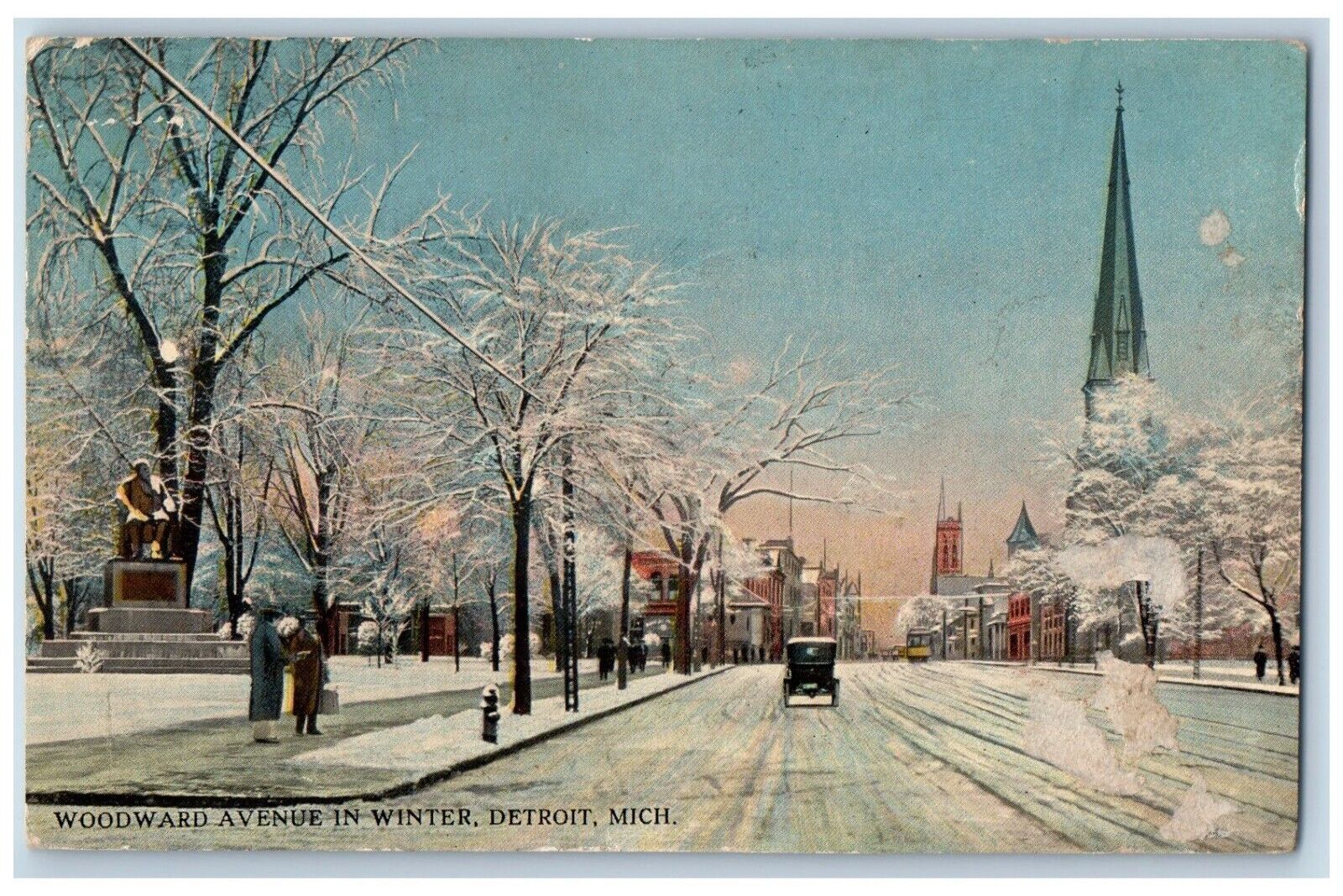 Detroit Michigan Postcard Woodward Avenue Winter Exterior 1917 Vintage Antique