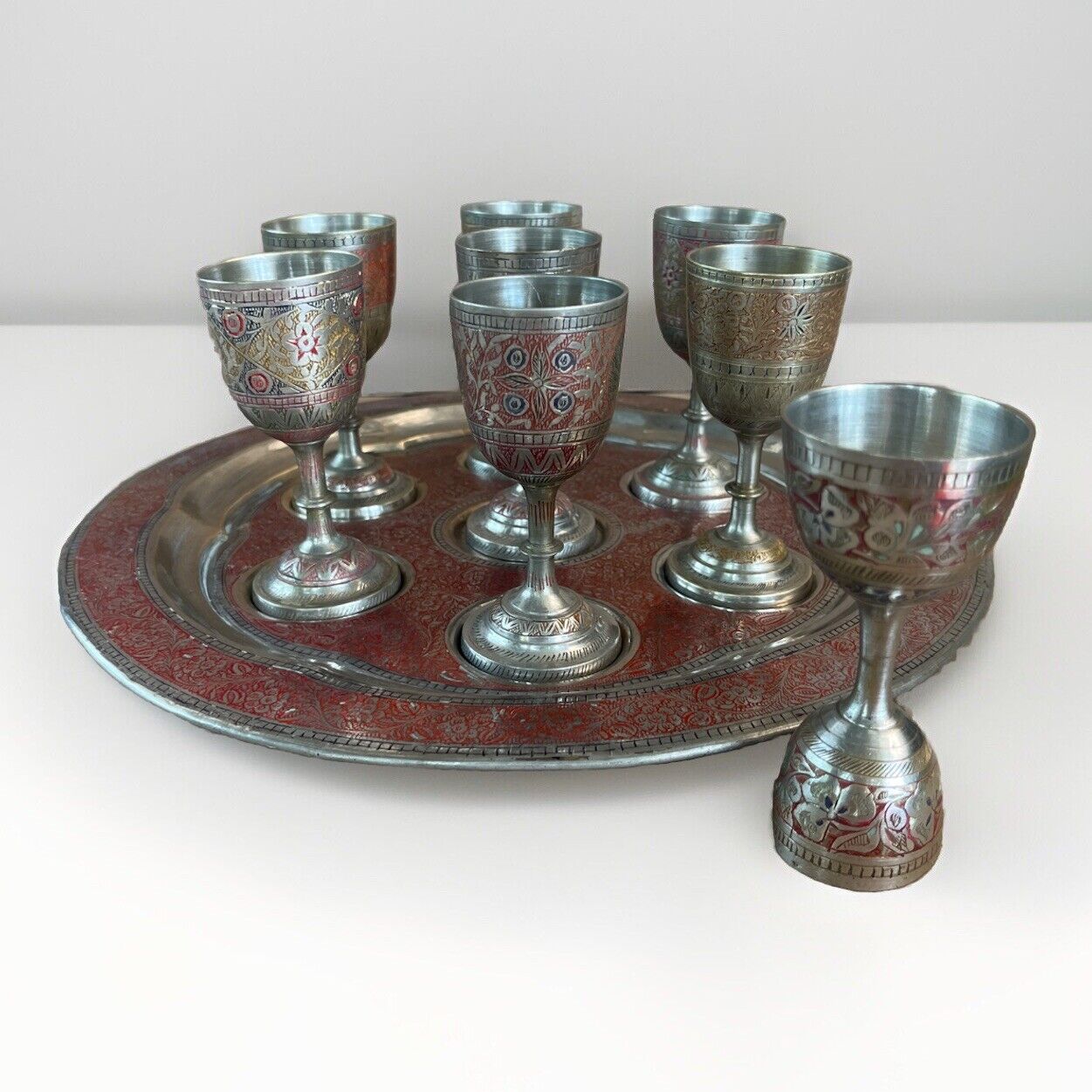 VTG Indian Etched Enamel Silver-Brass Metalware 7 Cordial Cups,Tray,Shot Glass
