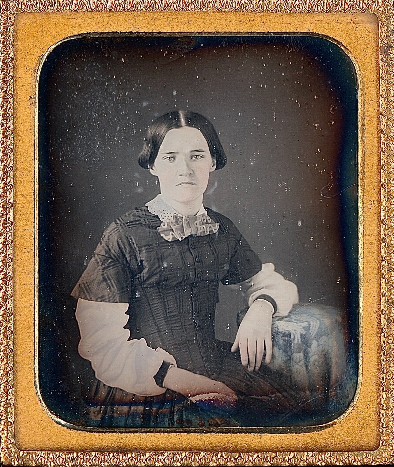 Pretty Light Eyed Young Lady Plaid Dress Tinted 1/6 Plate Daguerreotype T327