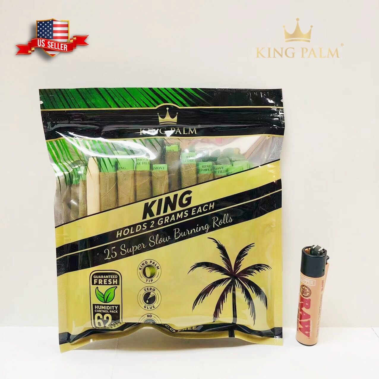 25X KING PALM WRAPS KING SIZE 100% LEAF ROLLS & FREE CLIPPER RAW LIGHTER US