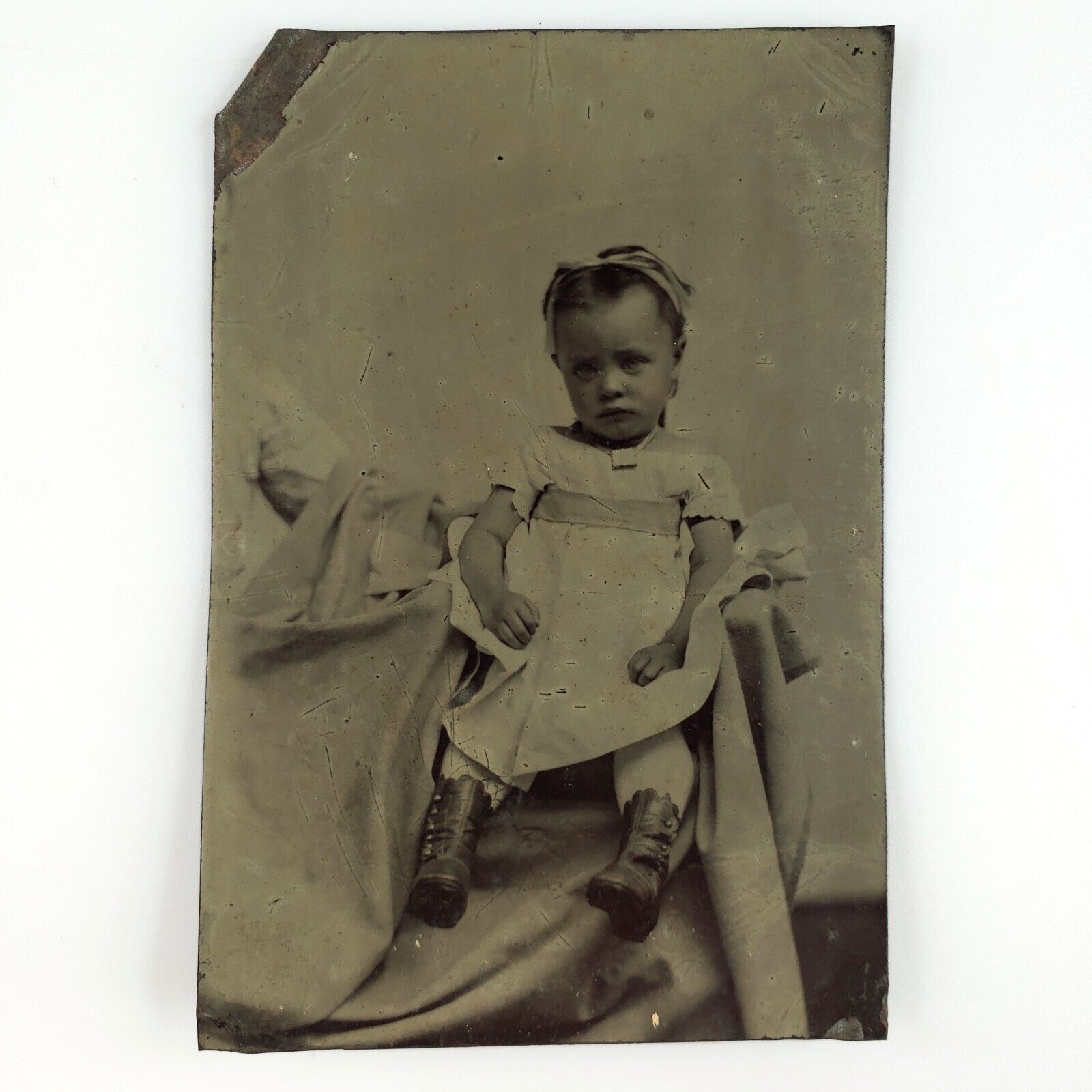 Revealed Hidden Mother Arm Tintype c1870 Antique 1/6 Plate Girl Kid Photo A3605