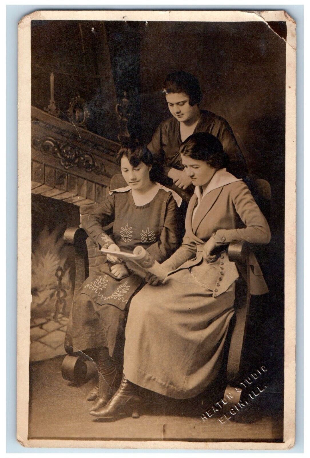 c1910\'s Girls Reading Book Heaton Studio Elgin Illinois IL RPPC Photo Postcard