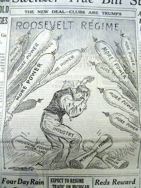 1935 Chicago newspaper w political Cartoon against FRANKLIN D ROOSEVELT NEW DEAL