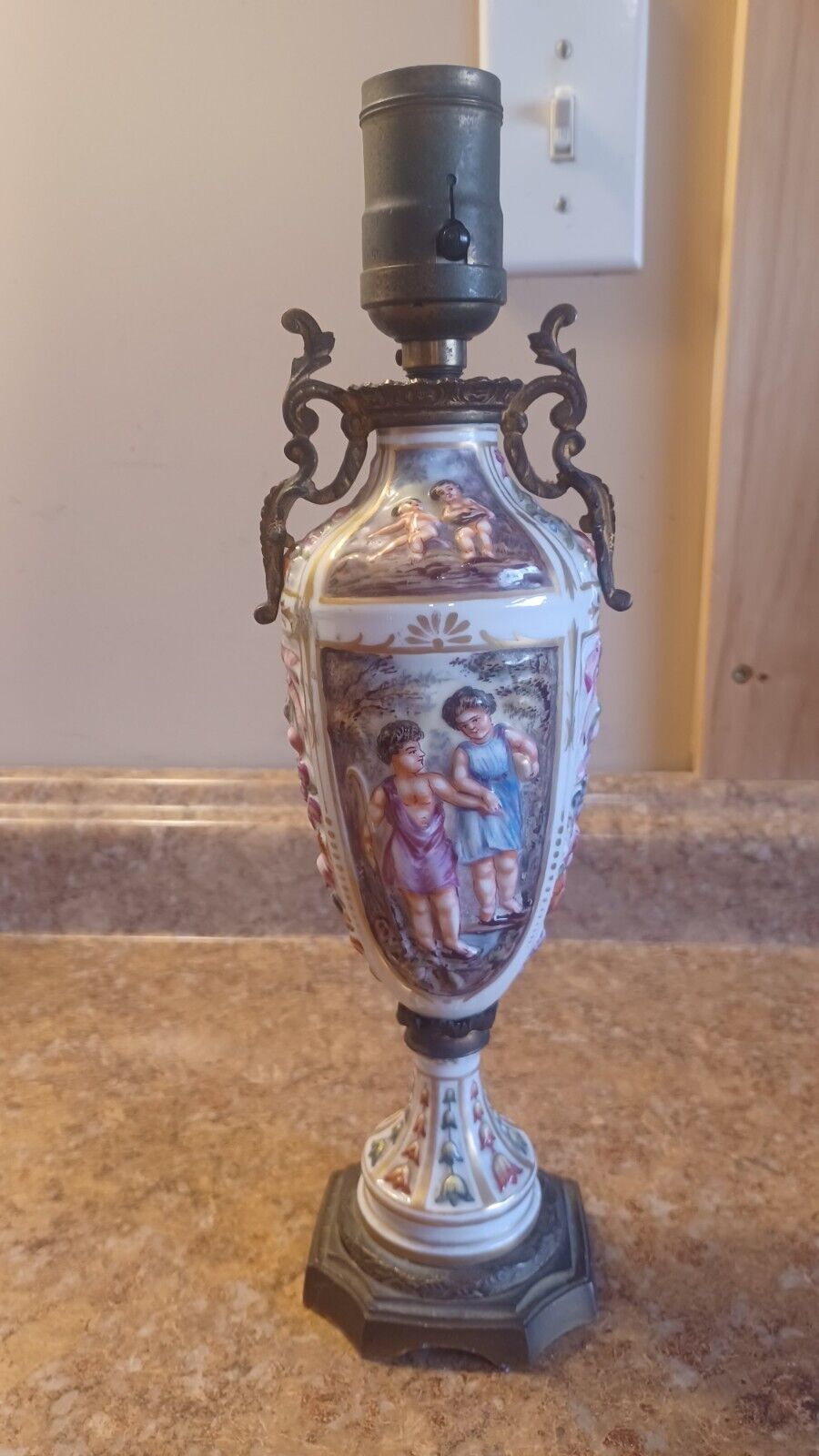 Beautiful Vintage Hand Painted Porcelain and brass Lamp Cut Cord 13 Inches Tall