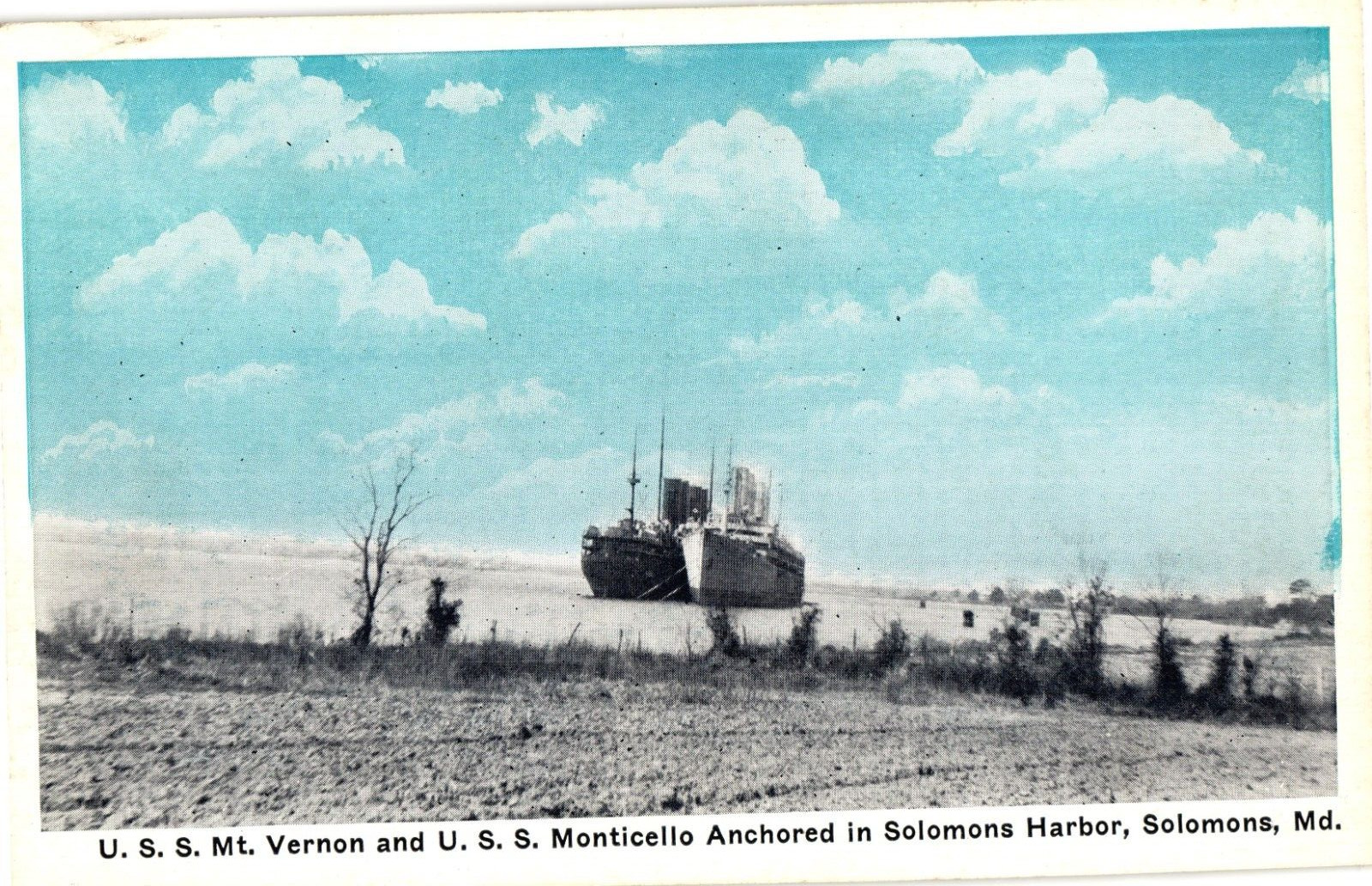 USS Mt Vernon & USS Monticello Anchored Solomons Harbor MD Postcard c1930