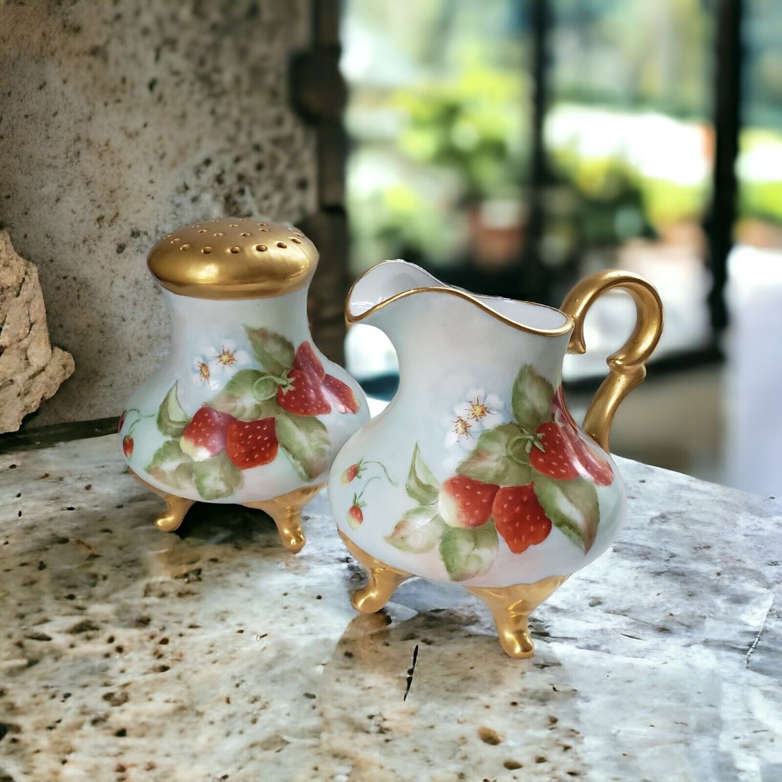 Antique Bavarian Hand-Painted Strawberries Footed Creamer & Sugar Shaker