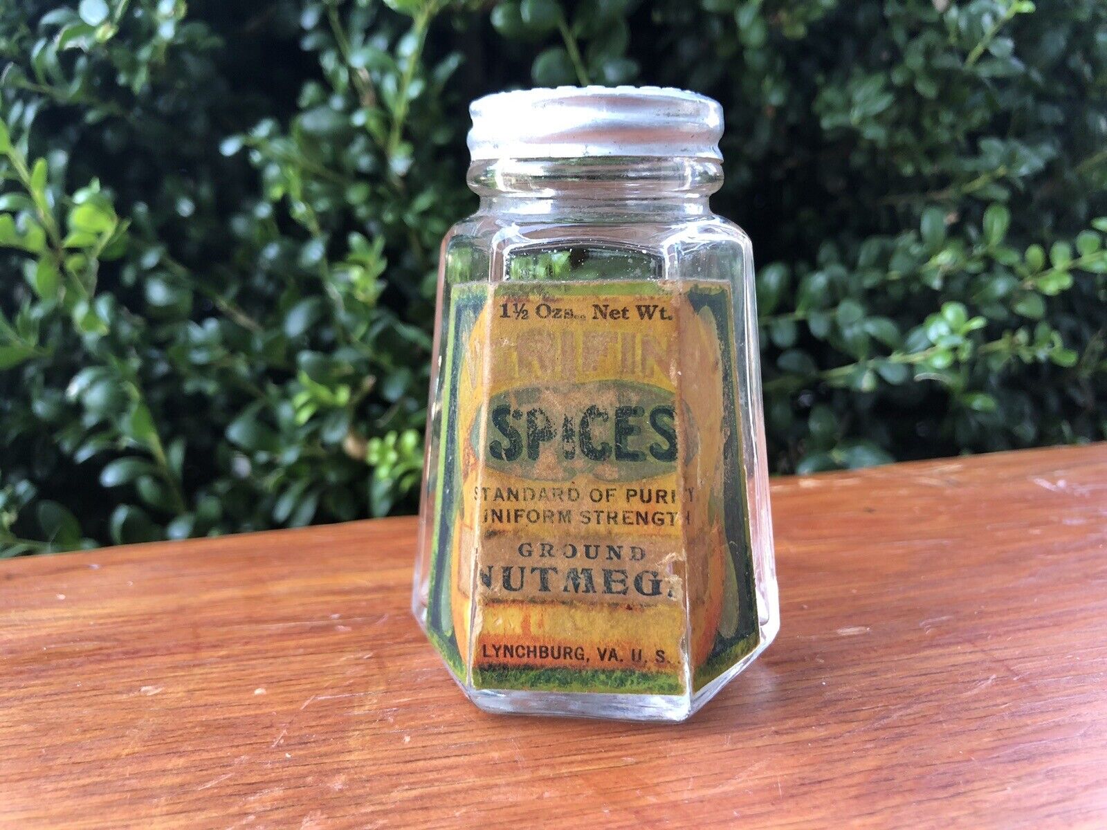 Verifine Vintage Spice Shaker Glass Jar Paper Label Nutmeg Aluminum Top 6 Sided