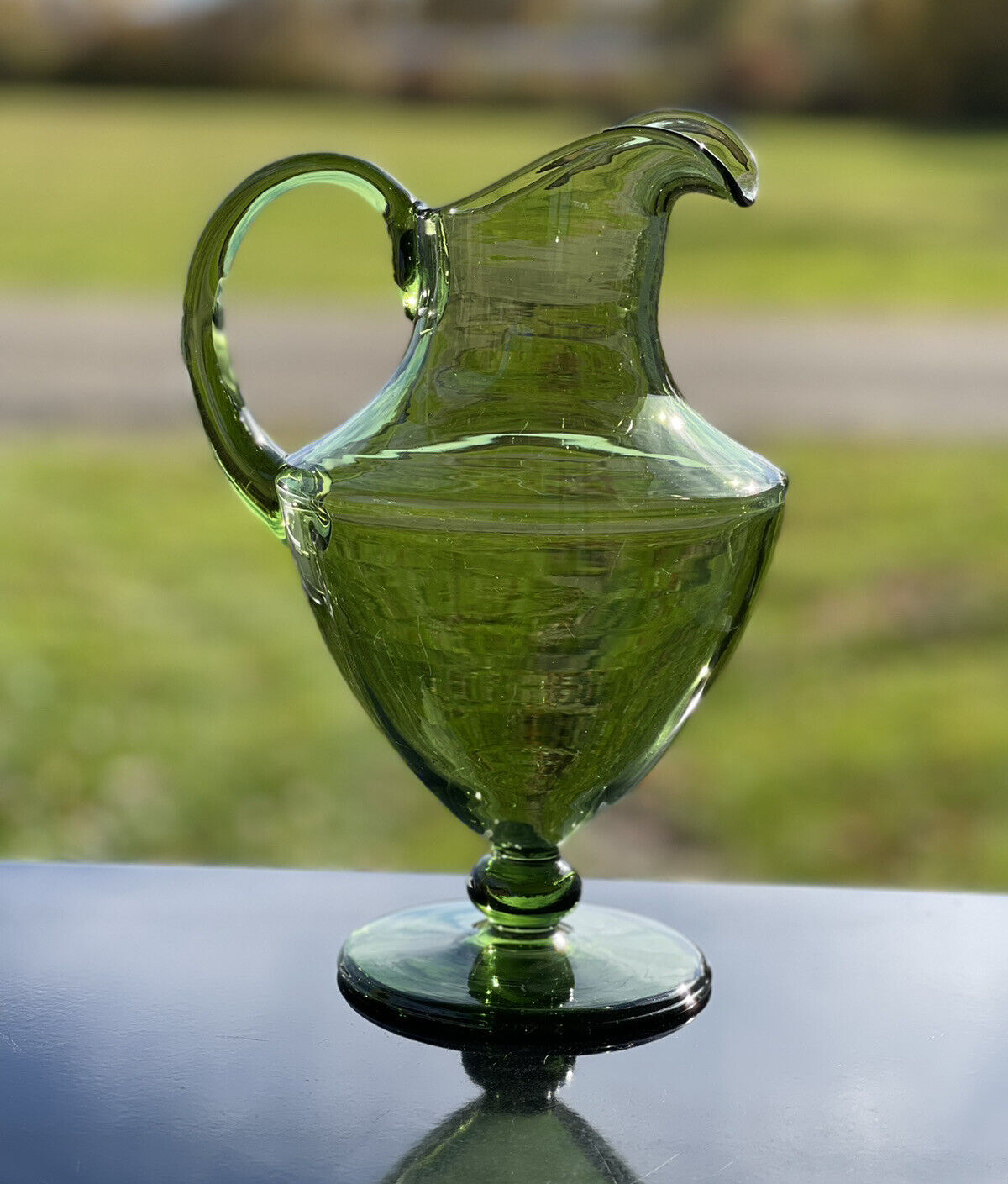 Vintage Hand Blown Art Glass Pitcher Pedestal Green 9.5\