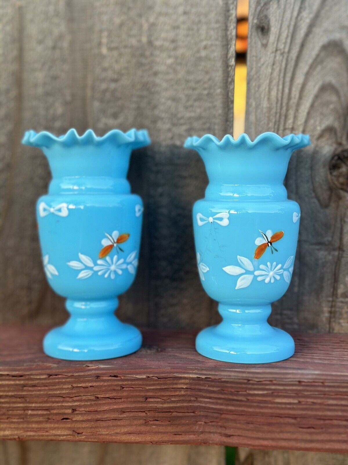 2 Antique Victorian Turquoise Blue Opaline Glass Vase Hand Painted Flowers 