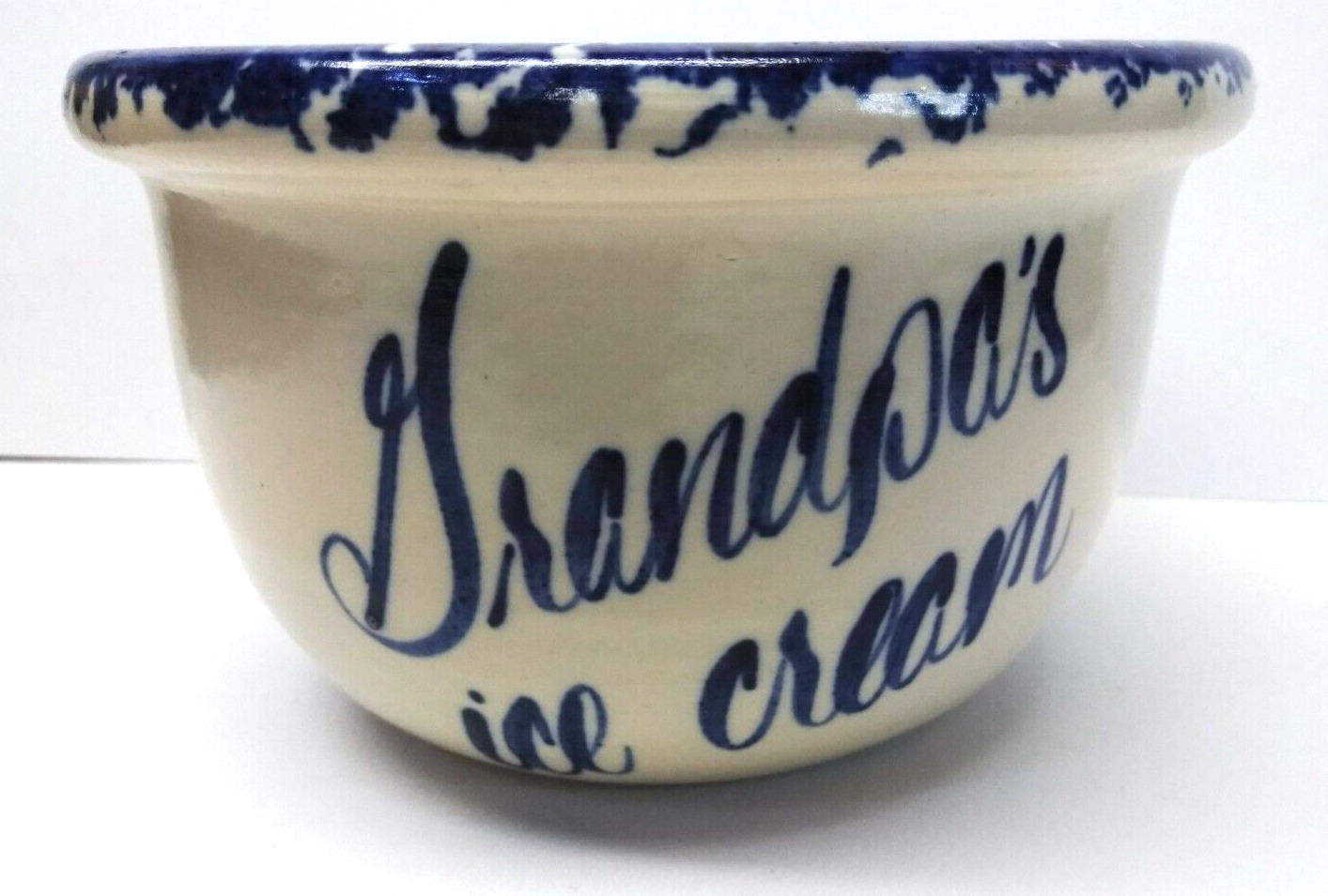 VTG Stoneware Pottery Spongeware Bowl Cobalt Blue Grandpas Ice Cream Abbey Press