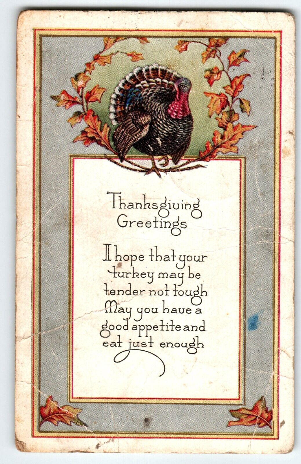 Thanksgiving Greetings Postcard Greetings Turkey Fall Leaves Whitney Vintage