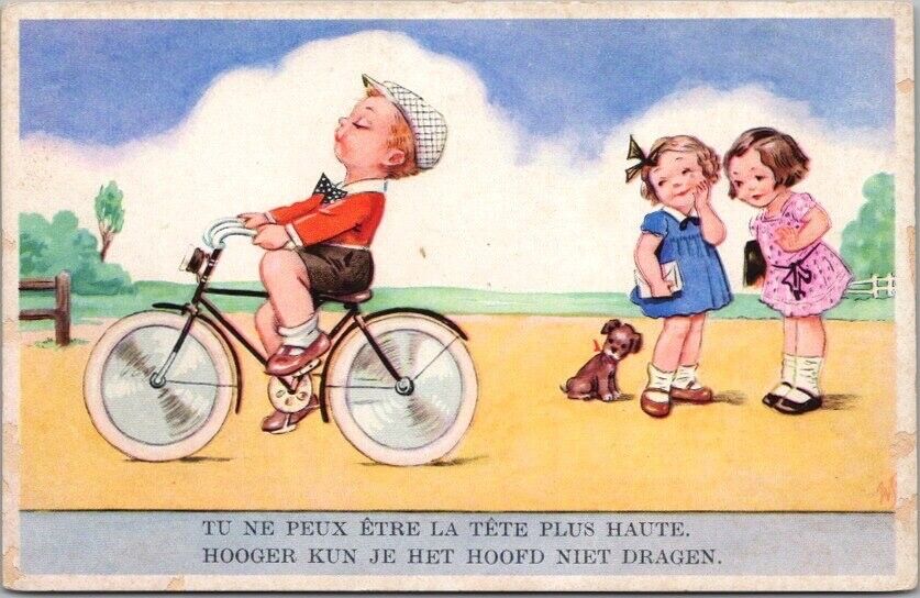Vintage Belgian Comic Greetings Postcard Boy on Bicycle / in Dutch & French