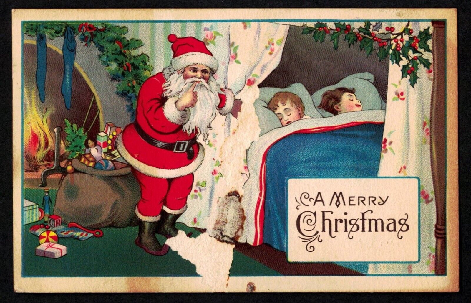 6101 Antique Vintage Christmas Postcard Santa Sleeping Boys Bed Toys YPSILANTI