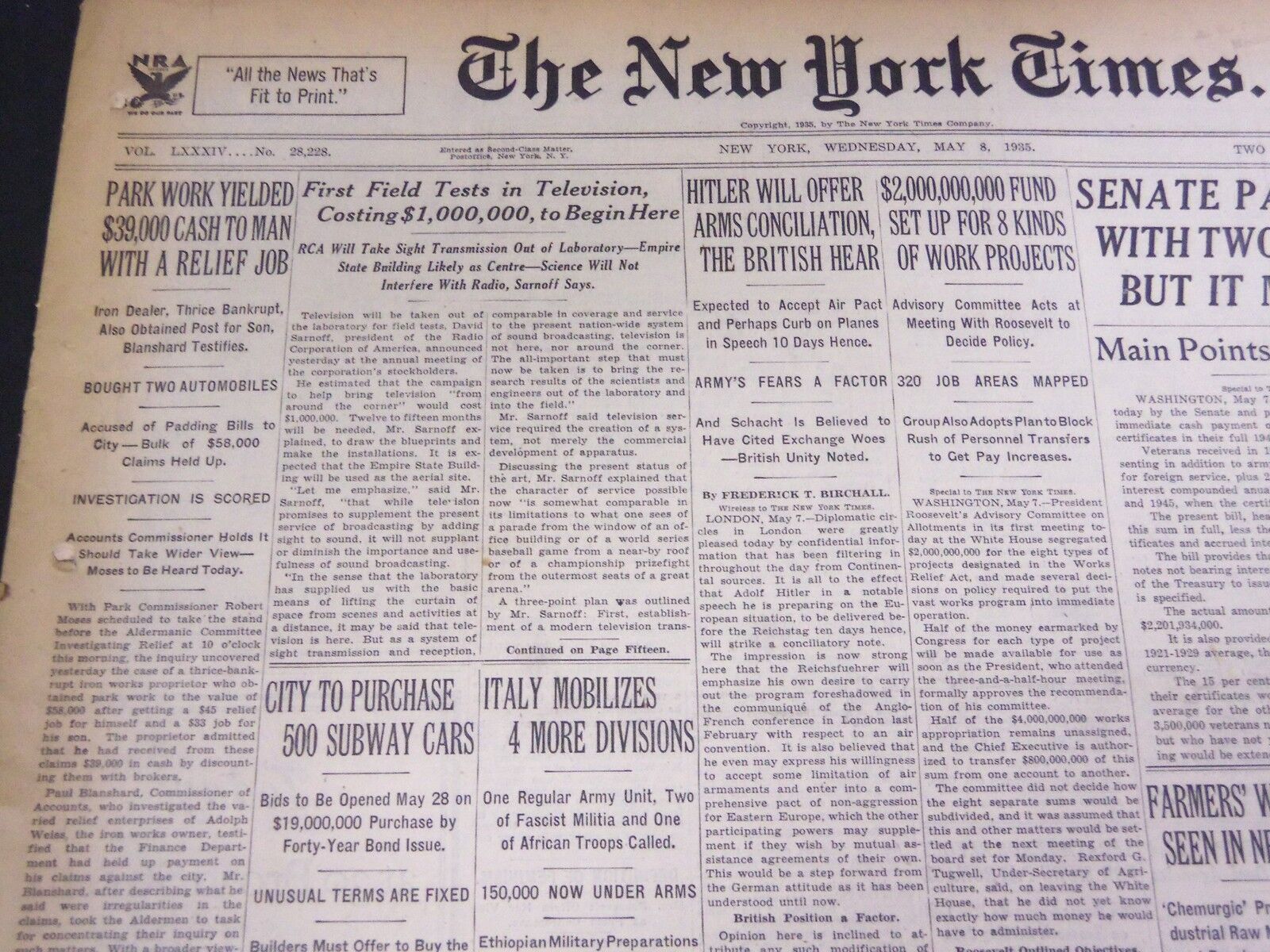 1935 MAY 8 NEW YORK TIMES - FIRST FIELD TESTS IN TELEVISION BEGIN HERE - NT 4879
