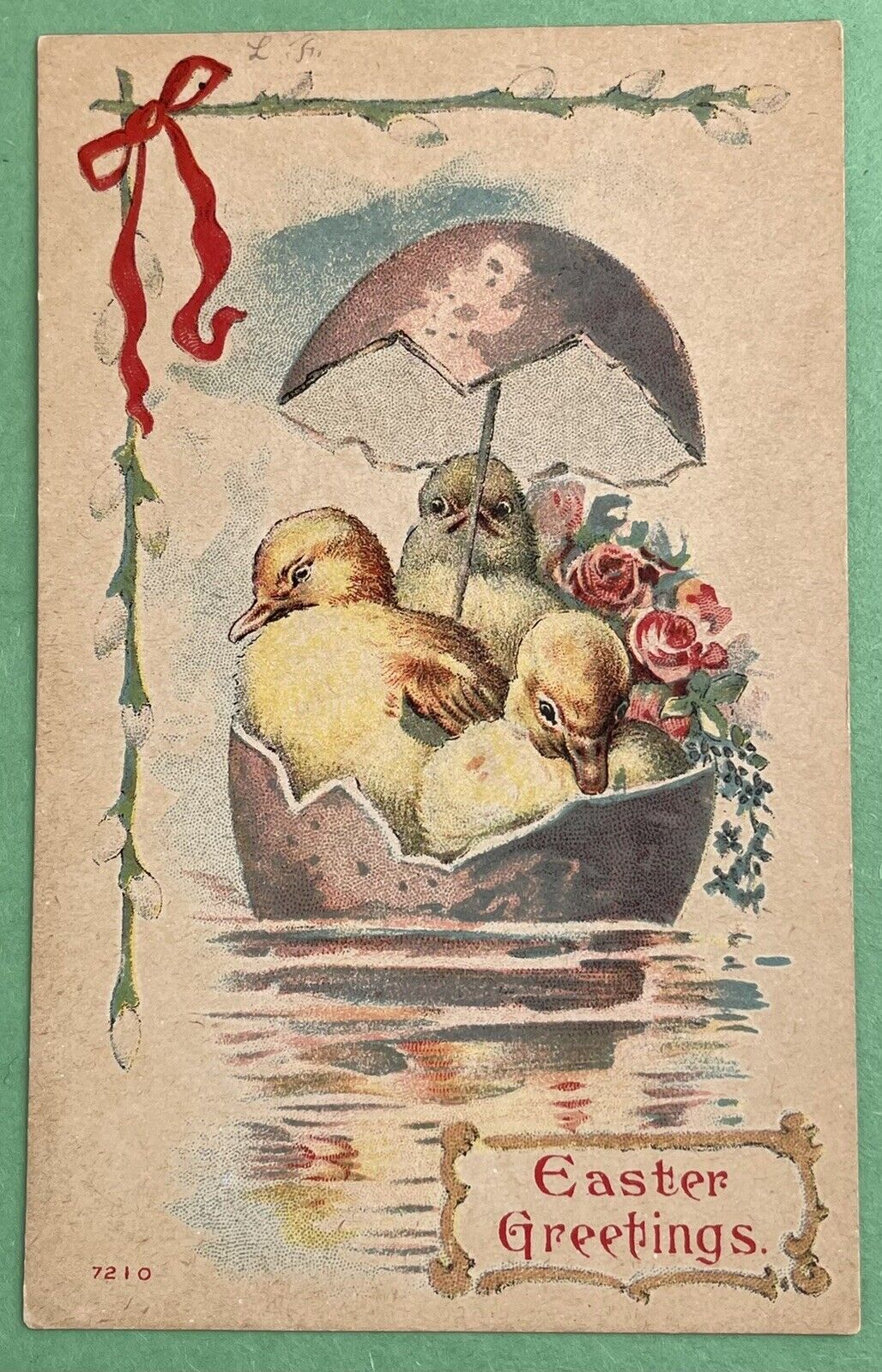 Unused Vintage Easter Postcard~Ducks, Roses, Egg Shell in Water. E515