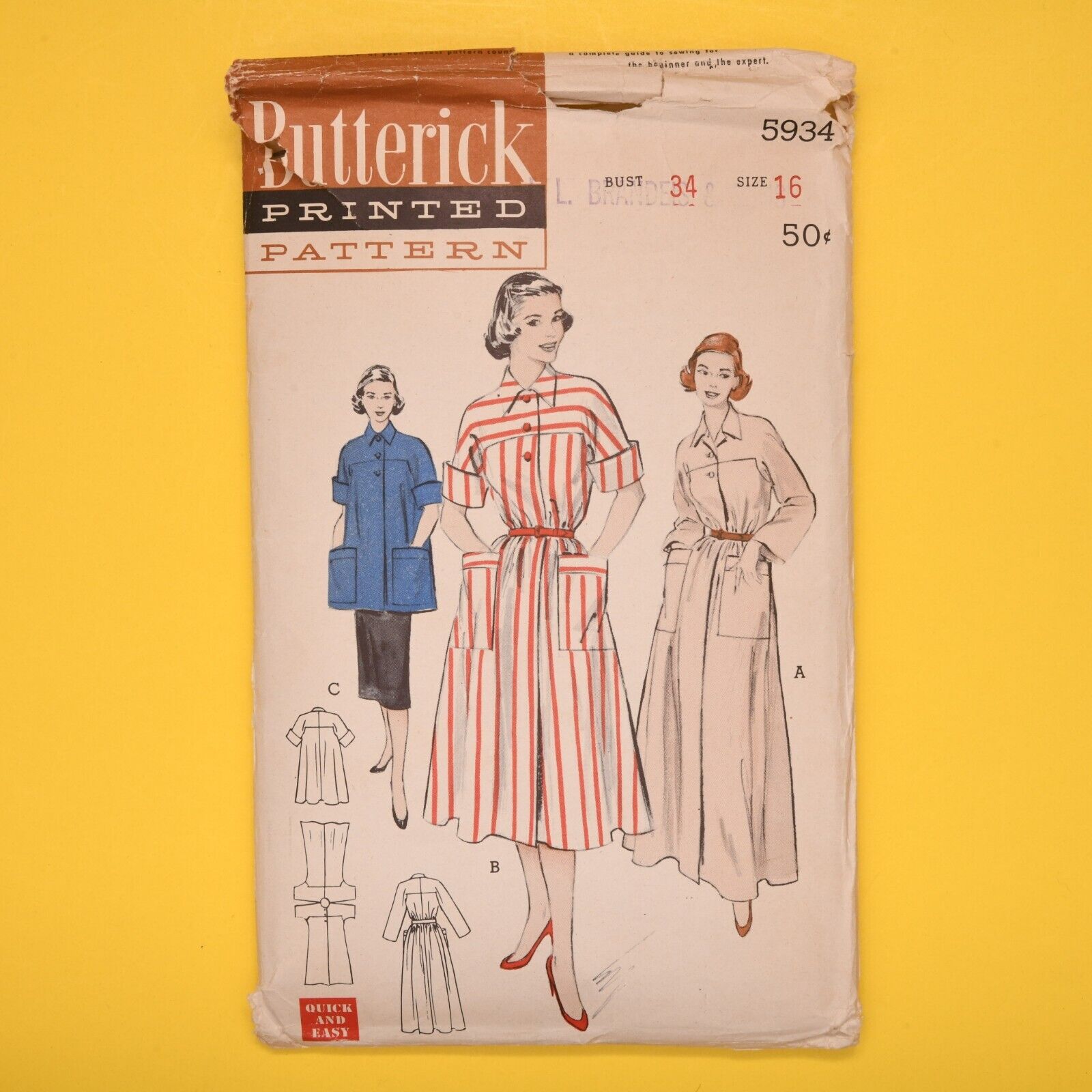 Vintage 1950s Butterick Robe or Smock Sewing Pattern - 5934 - Bust 34 - Complete