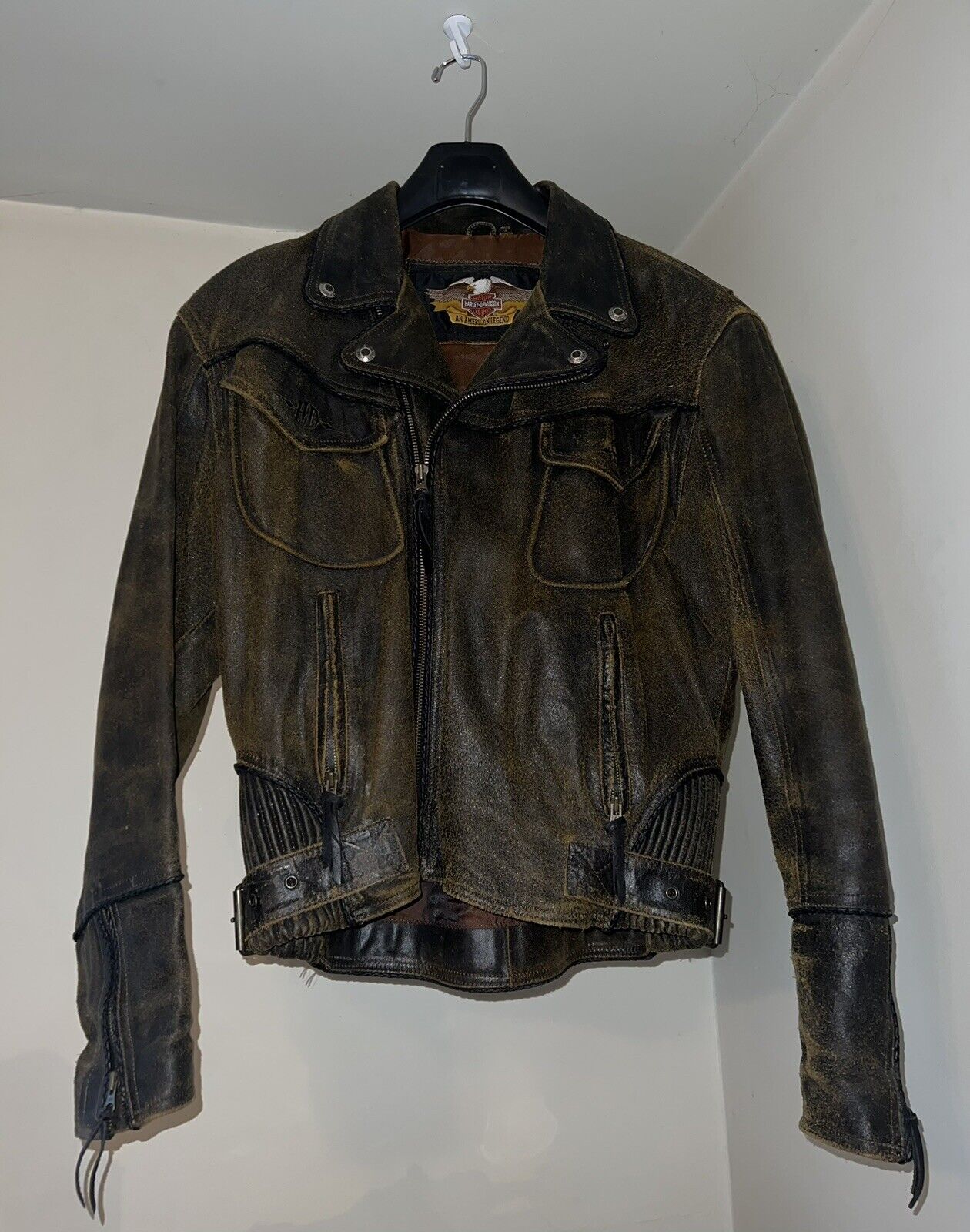 Distressed Brown Leather Harley Davidson Motorcycle Jacket Billings Large