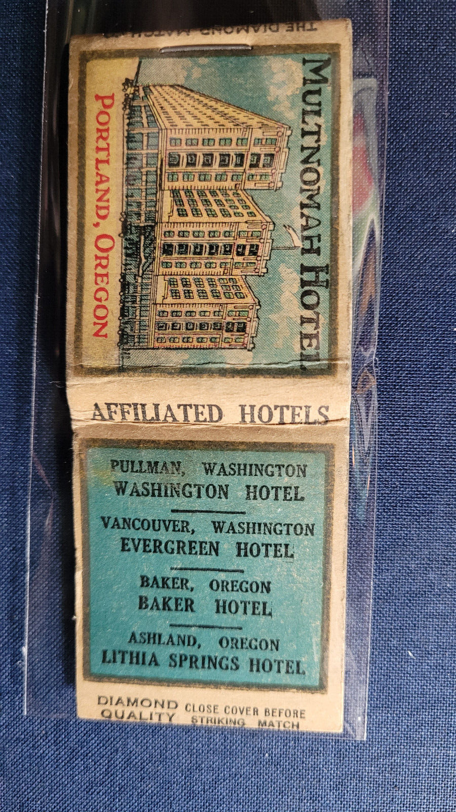 1930's Multnomah Hotel Portland, Or Diamond Quality Matchbook Matchcover