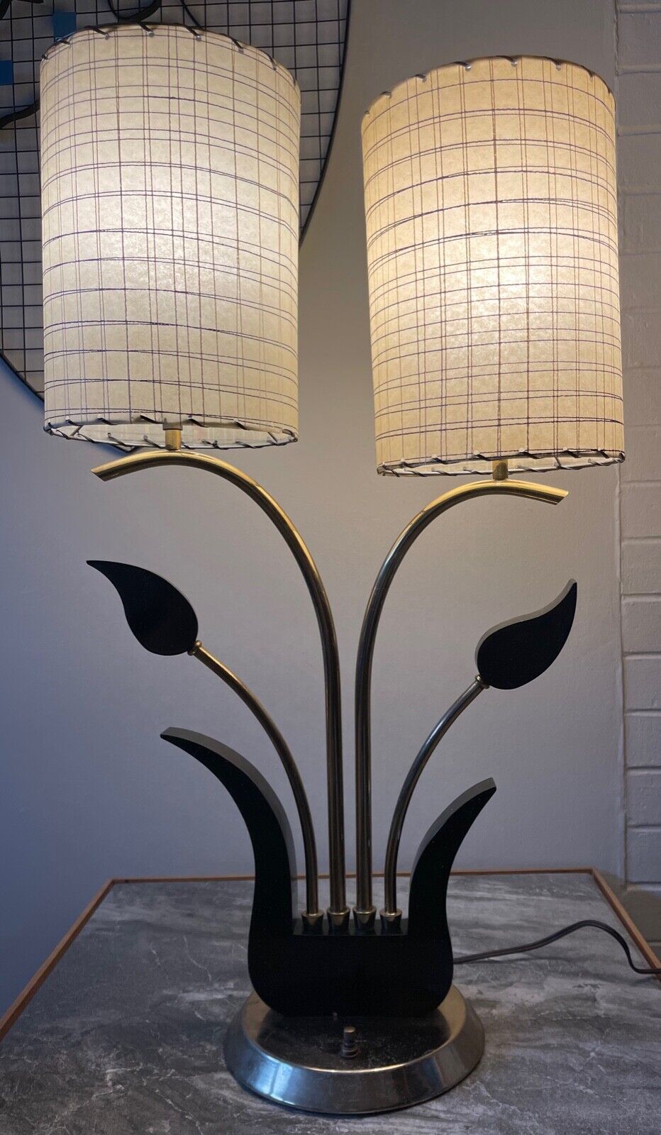 Vintage Brass Wood Floral Lamp Fiberglass Shades Majestic Guggenheim Luxcraft